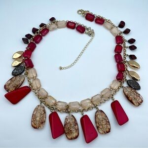 Chunky Multi-Color Statement Necklace with Gold Chain, Red & Neutral Tones